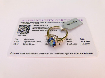 Gemporia 4,64 kt mystischer Blautopas & weißer Zirkon Sterlingsilber Ring P - neu mit Etikett