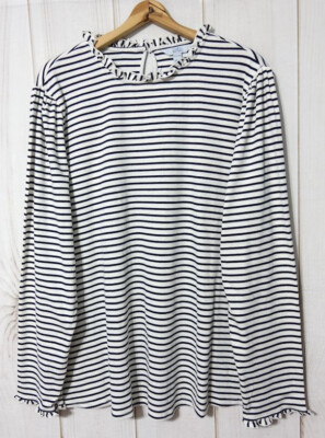 Croft & Barrow Shirt Ruffle Neck & Cuffs Women's 4X White With Navy Stripes NEW