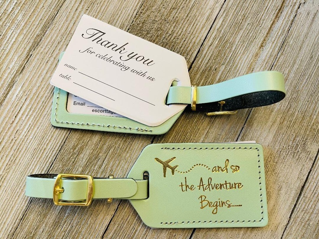 25 Mint (Princess Style) wedding escort luggage tags, bonded