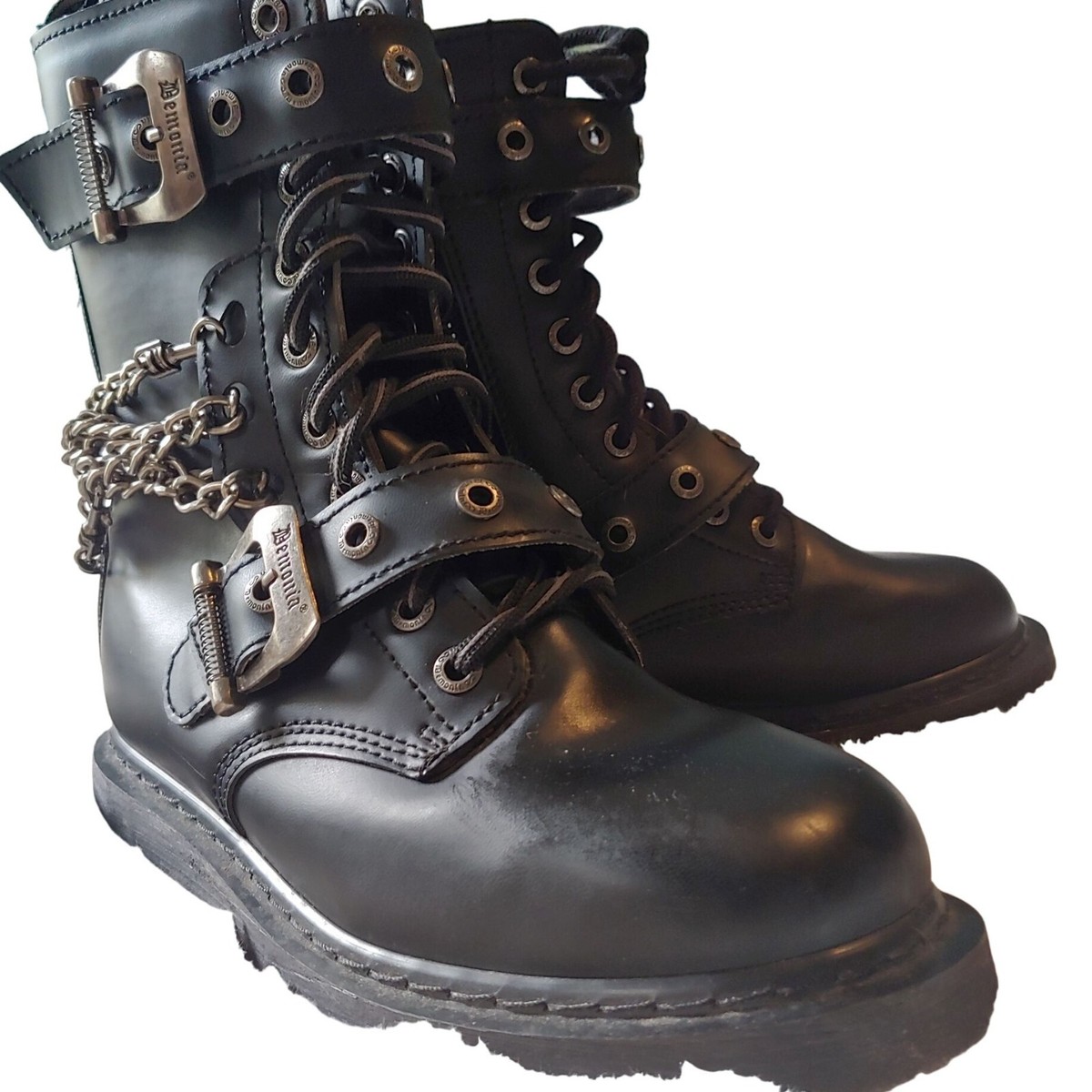 Demonia Mens S7 Womens S8.5 Lace-Up/Zip Low Heel Chain Metal Boots