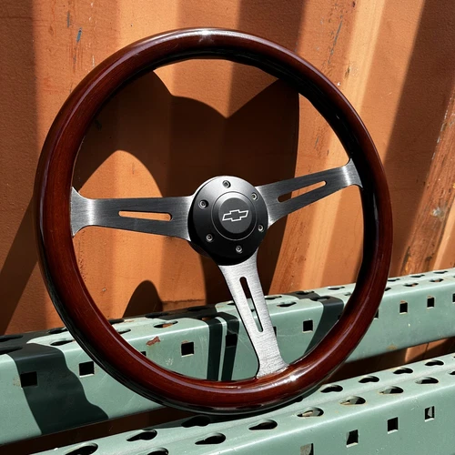 15" Black Dark Wood Steering Wheel + Adapter for Chevy 69-94 Licensed Chevy Horn