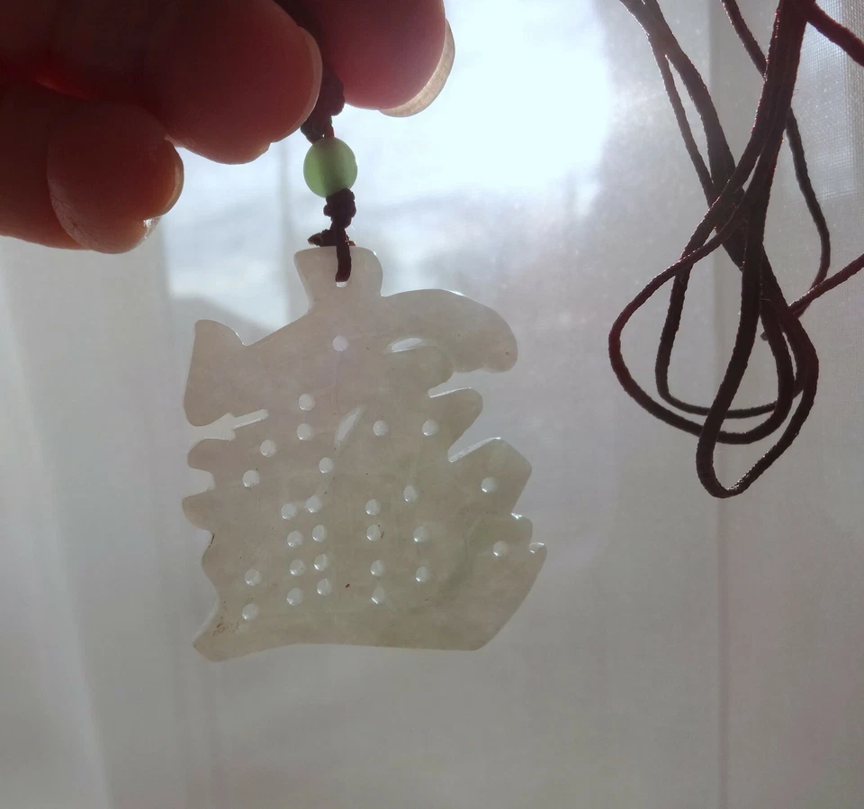 Chinese Natural Translucent Icy White Green Jade Good Luck Pendant Rope Necklace - Image 2 of 4