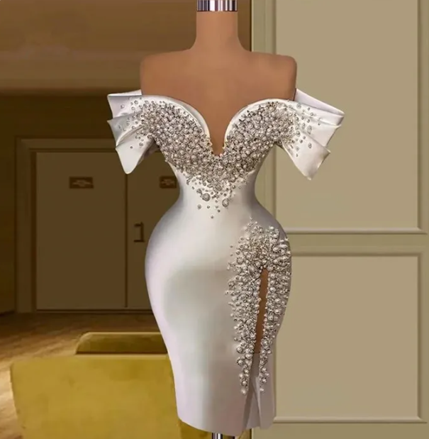 Luxury Sheath Short Wedding dresses Dress Off Shoulder Crystal Pearls Satin