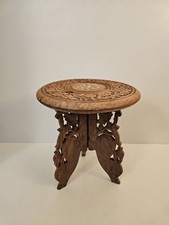 Vintage Wooden Hand Carved  Folding Table Plant Stand Solid Wood 9.5" 