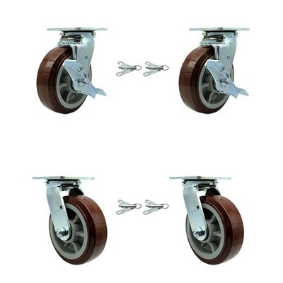 6 Inch Polyurethane Caster Set with Roller Bearings 4 Swivel Lock 2 Brake SCC