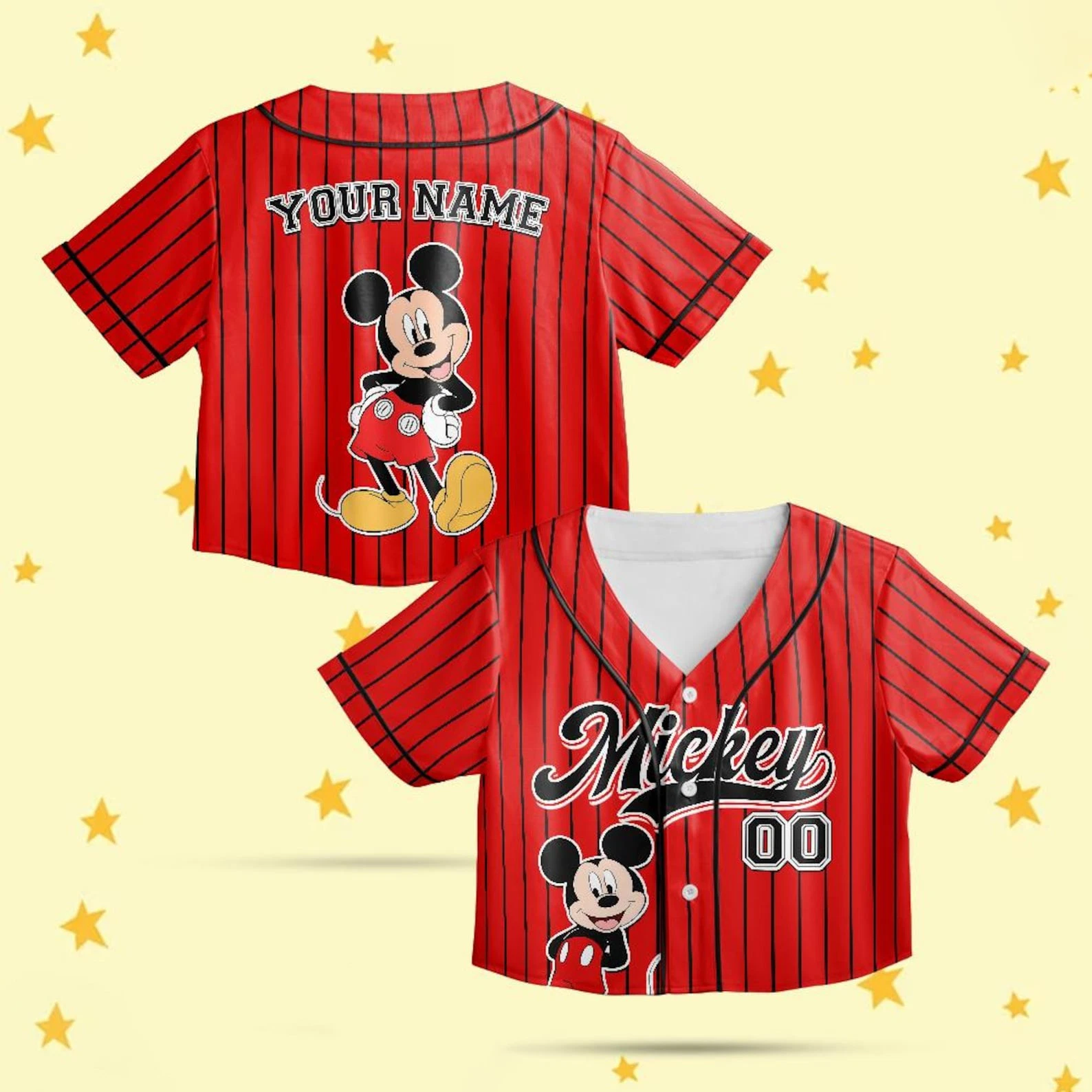 Personalized Cute Mickey Mouse Black Red Striped Crop Top Baseball Jersey
