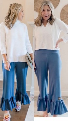 Matilda Jane Big Ruffles Cropped Pants Womens M Blue Stretch Pull On Comfort