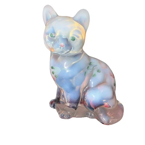 Fenton White Opalescent Glass Hand Painted Floral Sitting Cat Figurine Signed
