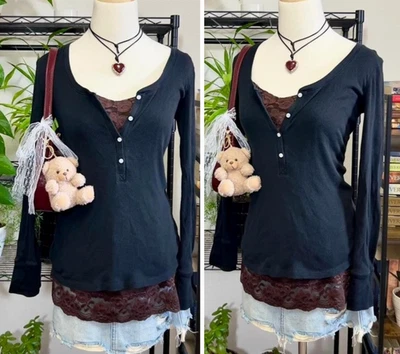 Y2k Victorias Secret Henley XS Black Ribbed Elena Gilbert Bella Swan 2015 vtg - Image 1 of 4