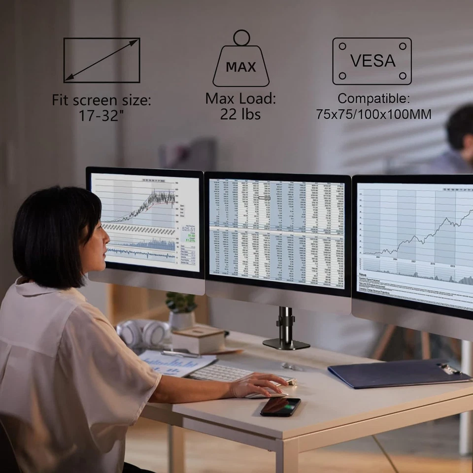 Triple Monitor Mount Stand for 17 to 32 Inch Screens with Gas Springs Clamp - Image 4 of 4