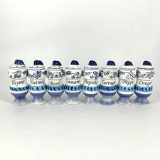 Vintage Spice Jars Blue And White Set Of 8 Ceramic 4.25” Tall