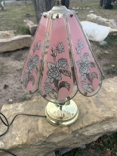Tiffany Pink Floral Glass 3-Way Touch Lamp with Brass Base Vintage Style