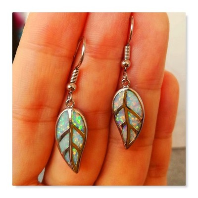 White Opal Leaf Earrings Silver Plated White Fire Opal Earrings in Siber Opal