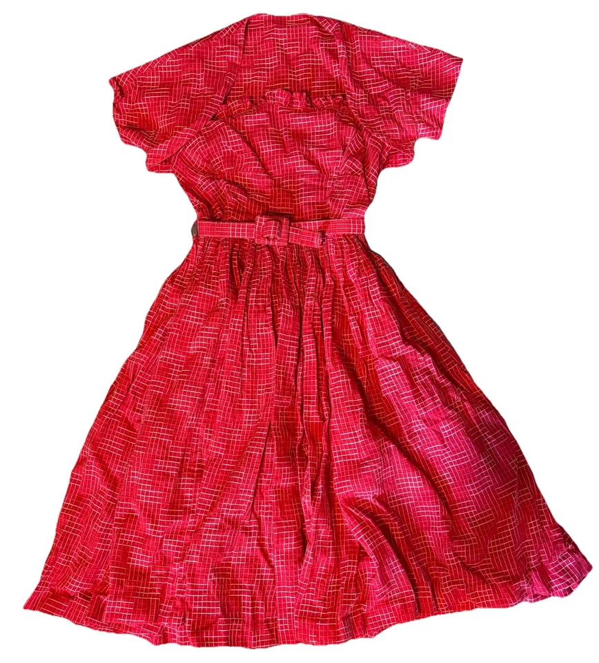 1950s Red Rockabilly Swing Ladies Handmade Checked Sun Dress Belt Bolero  Sz 0-2 - Image 2 of 4