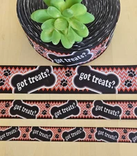 5/8, 7/8 & 1.5" (1 YD) Got Treats Grosgrain Ribbon Dog Bones Paw Print Ribbon