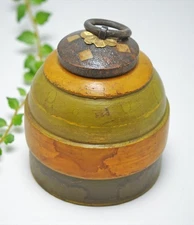 Antique Wooden Round Kum Kum Powder Tika Box Original Old Lacquer Painted