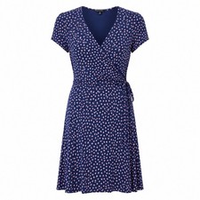 Lands End Navy Pink Polka Dot Faux Wrap Dress Womens Medium 10-12 Short Sleeve