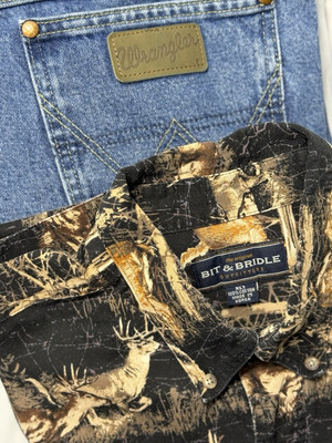 Bit & Bridle SZ XLT Deer Western Shirt Wrangler George Straight Jeans Sz 42x34