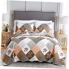 Floral Plaid Patchwork Quilt Set Size, Reversible Bedding Set Soft Queen Brown
