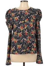 LOFT Women's Puff Sleeve Blouse Blue Multicolor Floral L Long Sleeve Top NWT