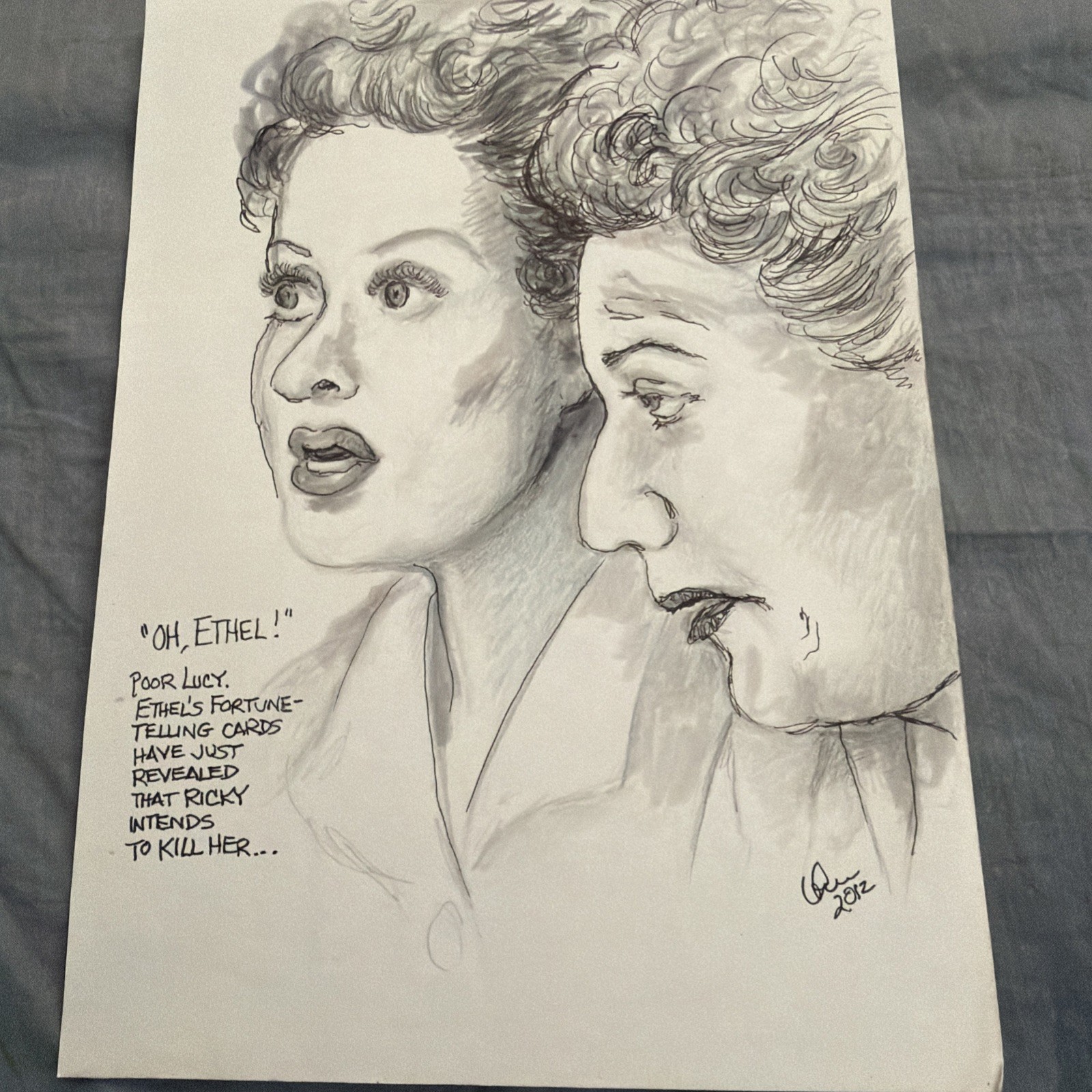 Sketch Of Lucy And Ethel Signed By Unknown Artist 9 1/2 X 7