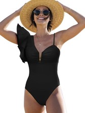 sporlike Womens Plus Size XL Ruffle One Shoulder Dep VNeck 1 Piece Swimsuit