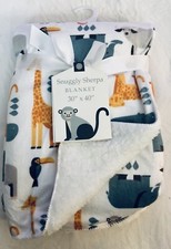 NEW Jungle Zoo Animals Minky Baby Blanket White Sherpa Lion Giraffe Flamingo