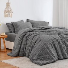 Seersucker Dark Grey King Size Comforter Set 7 Pieces, All Season Bedding Set