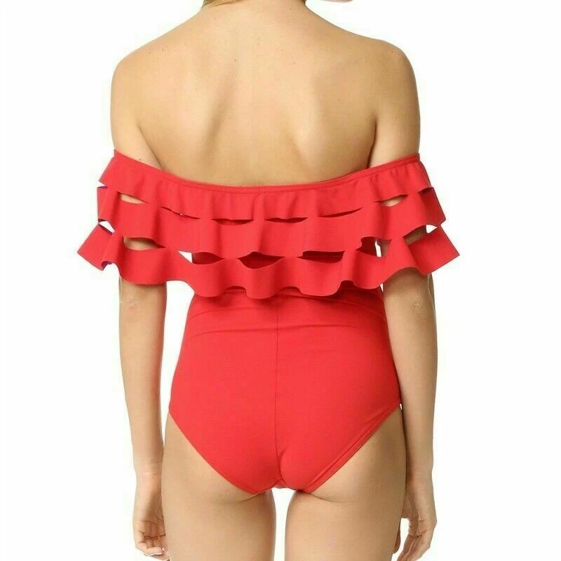 Damen Rüsche Monokini Bademode Schulterfrei Einteiler-Badeanzug Badeanzug - Bild 3 von 4