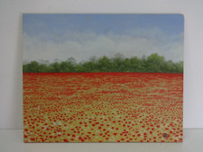 Original Painting Poppy Field Landscape Signed Oil On Board Interior Design Art