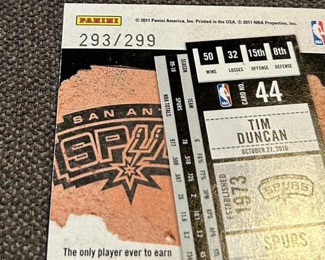 2010-11 Contenders Patches Season Ticket Die Cut Tim Duncan  #44  /299 - Image 3 of 3