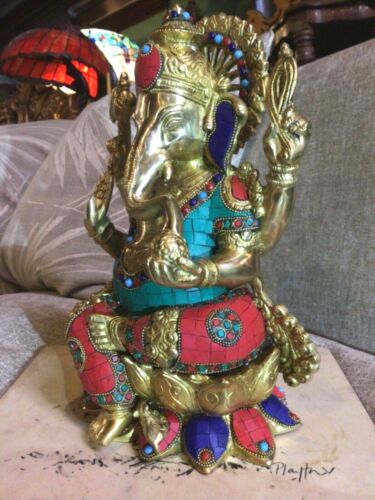 Ganesh grande statua ottone pietre intarsiate scultura tempio divinità orientale 31 cm 8 kg - Foto 6 di 12