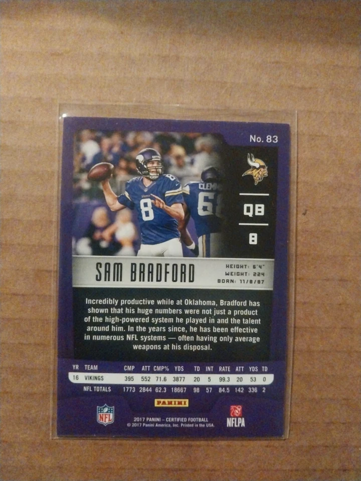 SAM BRADFORD SP 2017 Panini Certified Mirror Orange #83 #'ed/299 VIKINGS - Image 2 of 2