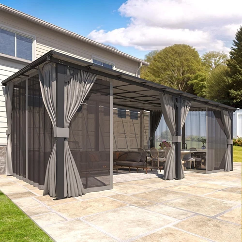 Large Wall-Mounted Lean to Gazebo Pergola with Curtains and Netting 6 Size
