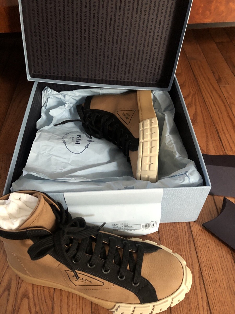 Prada Gabardine High Top Sneakers Khaki Black In Box. w/Bag