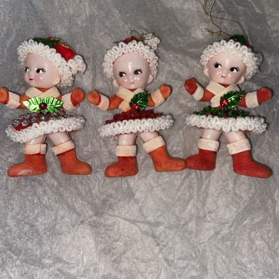 Vintage Christmas Elf Flocked Silver Sequin Ornament Handmade Felt  Lot Three