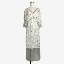 River Island Batwing Sleeve Floral Sequin Fringe Midi Dress white silver size 6