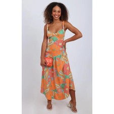 Farm Rio Linen Blend Groove tropical Midi Dress P Dopamine Dressing Boho chic 