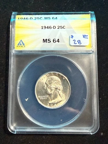 1946 D WASHINGTON QUARTER ANACS MS 64