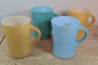 VTG Set of 4 Glasbake Milk Glass Basket Weave Texture Mugs Blue Green Gold EUC