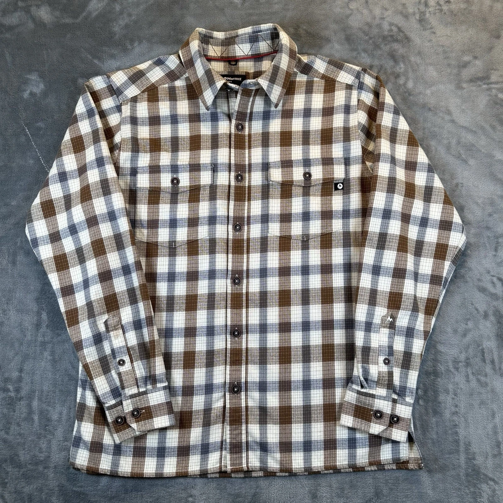 Marmot Flannel Shirt Mens L Brown White Plaid Long Sleeve Button Up Outdoors