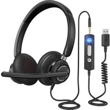 Wired Headphones with Microphone for PC, On-Ear Computer Laptop USB Headset w...