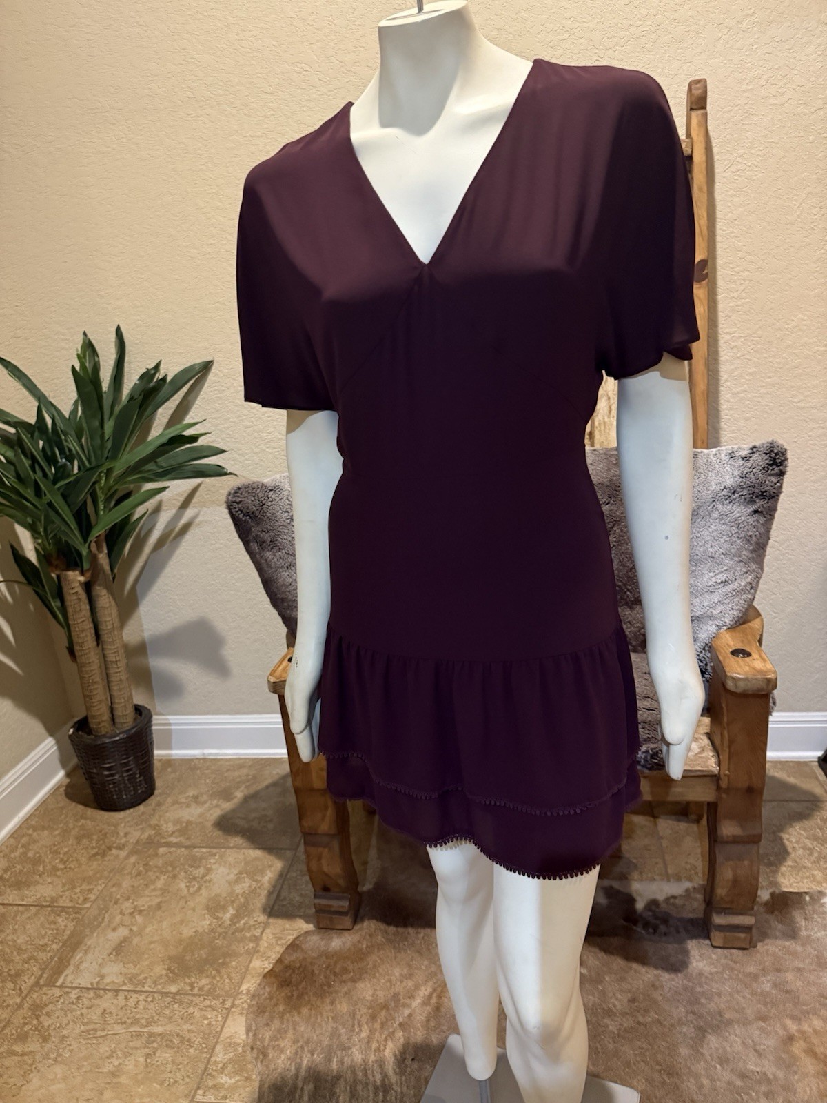AllSaints Marley V-neck Short Sleeve Ruffle Dress Bordeaux Red Wine Size US 4
