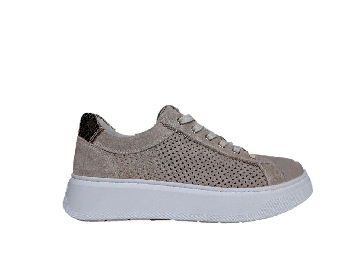 Nero Giardini Sneakers Donna In Pelle Beige - Estate E513080D 710 - Suola Platform 5cm - Made In Italy - 2