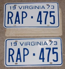 VINTAGE MATCHED PAIR 1973 VIRGINIA LICENSE PLATES-RAP475-NOS- MINT- DMV CLEAR