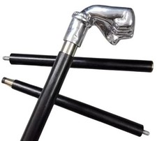 36'' Black Wooden Walking Cane   Three-Fold Stick with Silver Brass Fist...