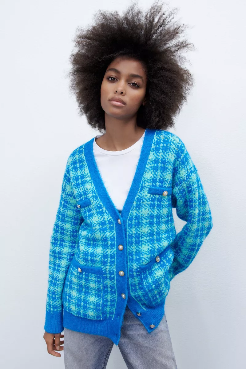 Zara Quadri Maglia Cardigan Lungo Blu R tro Scollo A V Perla Finta