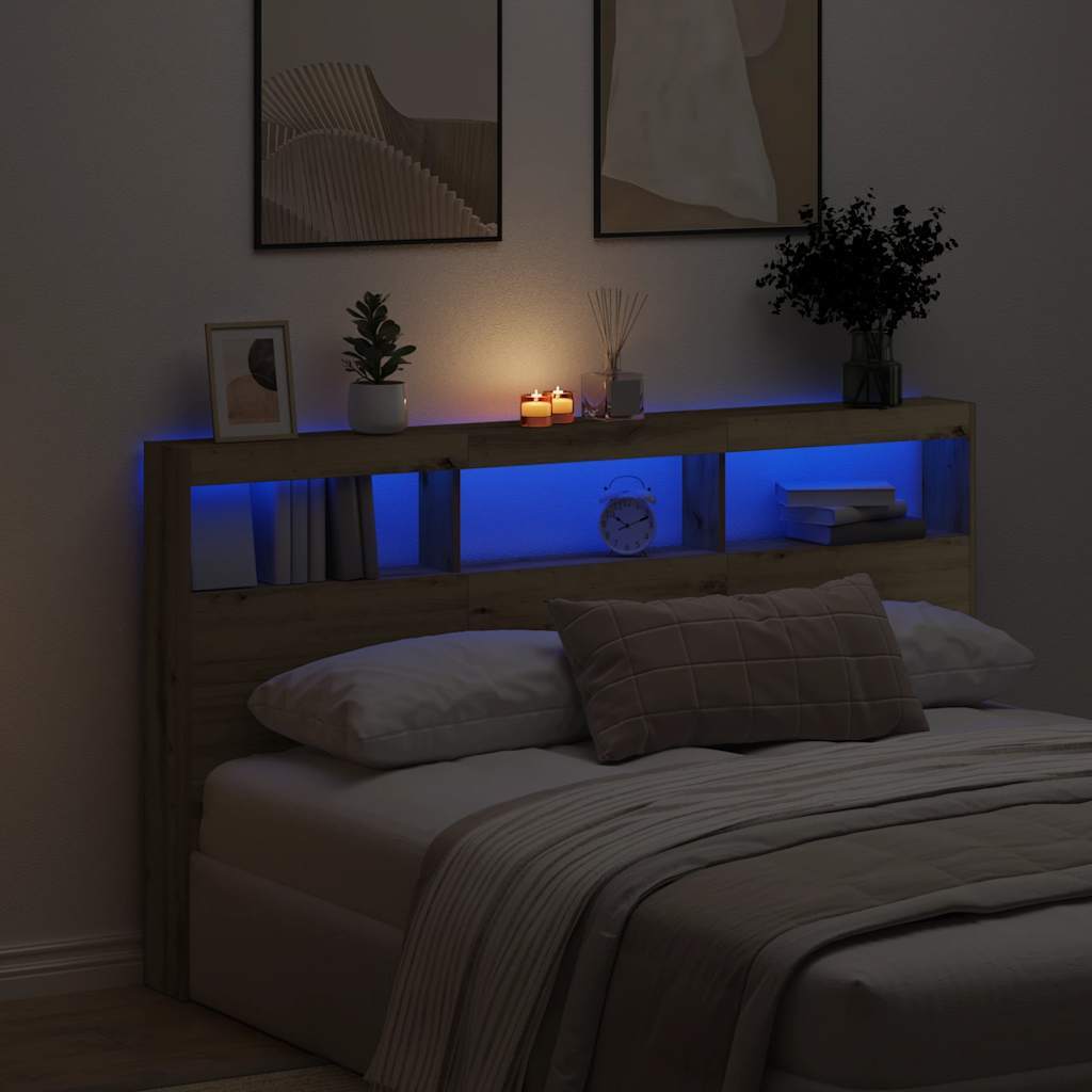 vidaXL Headboard Cabinet with LED Artisan Oak 180x17x102 cm