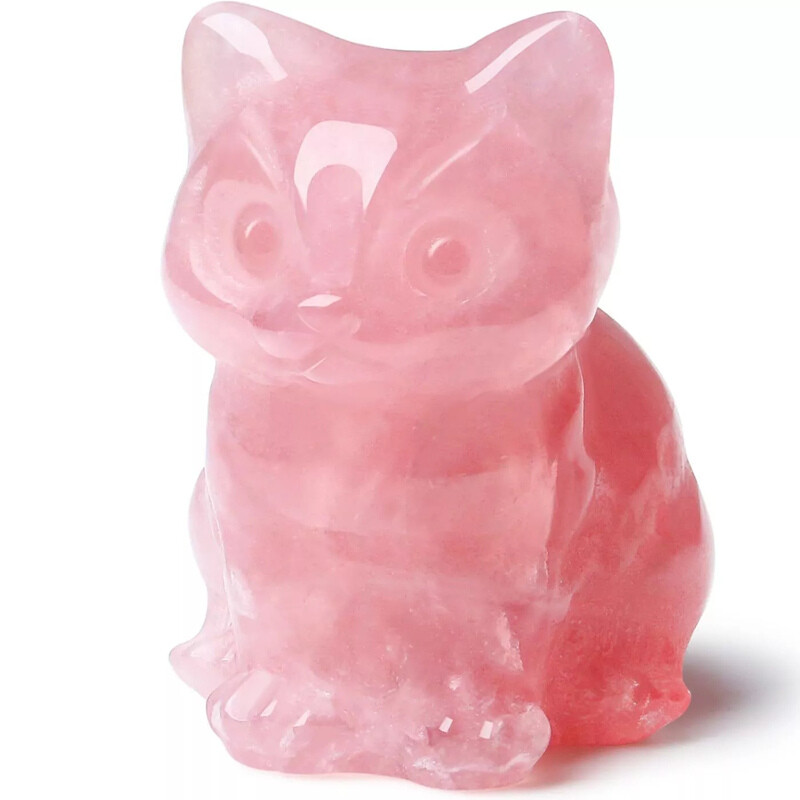 Natural Rose Quartz Crystal Carved Lucky Cat Gem Statue Healing Animal Ornament