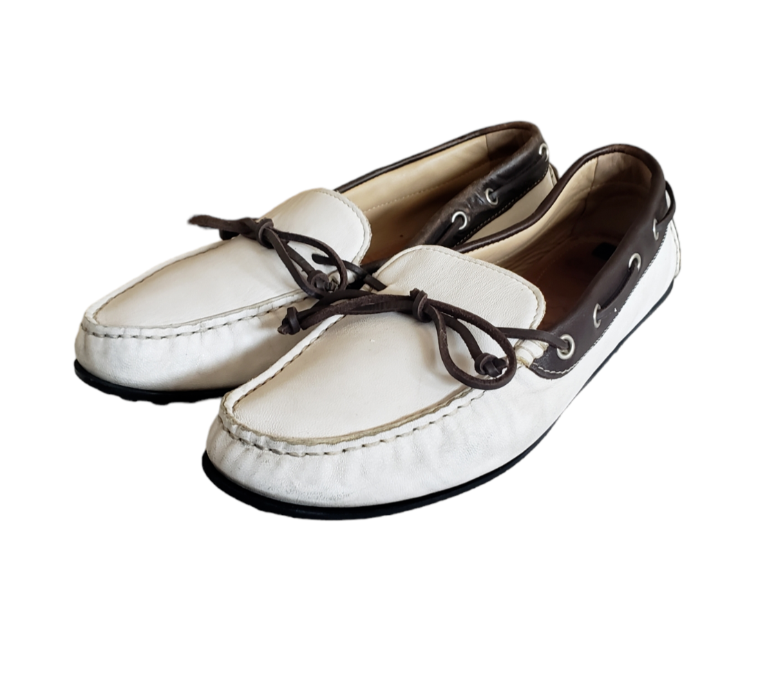 Ecco Women's White Driving Boat Loafer Leather Slip-On Black Lace Up Shoes  SZ